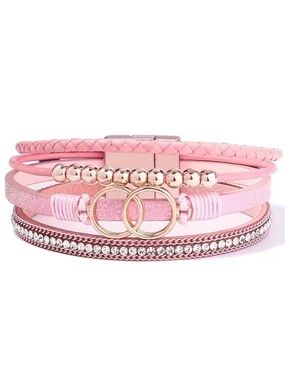 Pink Leather Multi Layer Circle Crystal Magnetic Bracelet